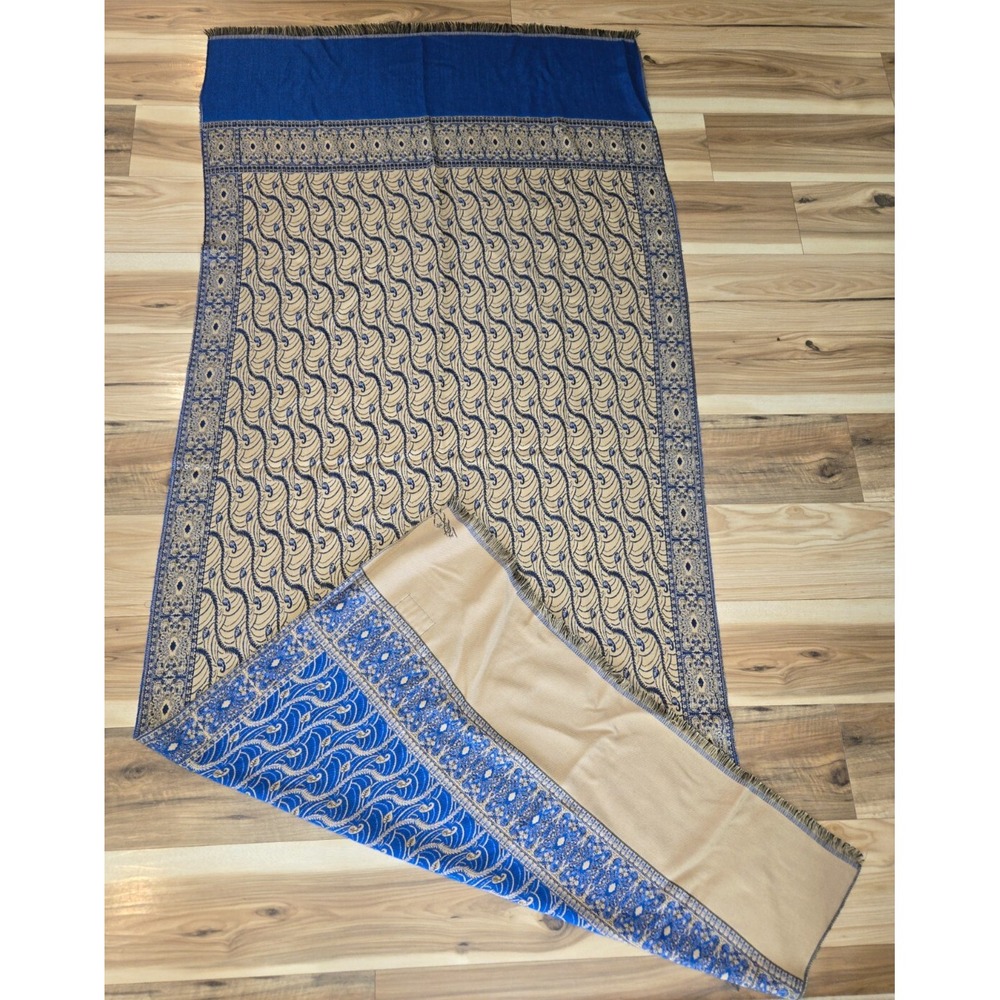 Startex Design Fringed‎ Throw Shawl Blue Tan Design 40" x 90" Tablecloth Cover